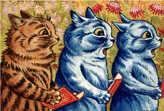 Tres gatos cantando por Louis Wain, 1925-1939 - Postal