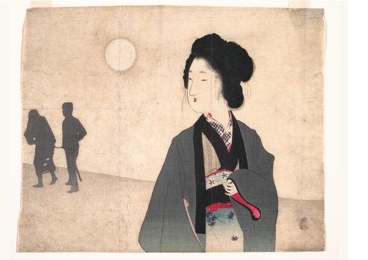 Mujer joven mira la silueta de un preso que es llevado lejos por Tomioka Eisen, principios del siglo XX - Postal