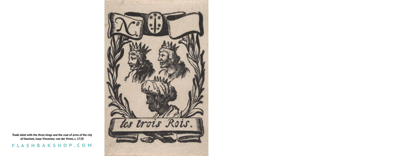 Étiquette commerciale avec les trois rois et les armoiries de la ville de Haarlem par Isaac Vincentsz. van der Vinne, v. 1720 - Carte de vœux