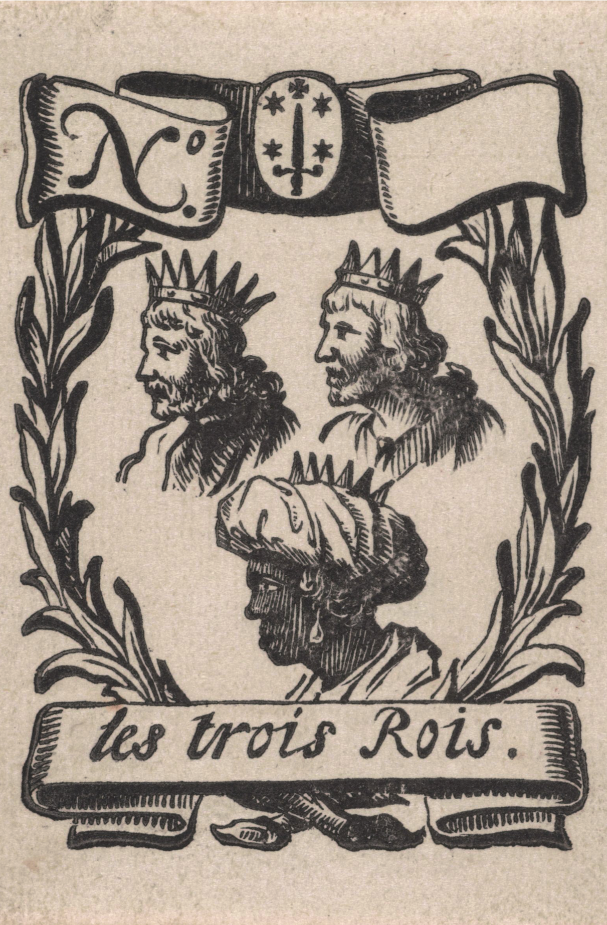 Étiquette commerciale avec les trois rois et les armoiries de la ville de Haarlem par Isaac Vincentsz. van der Vinne, v. 1720 - Carte de vœux