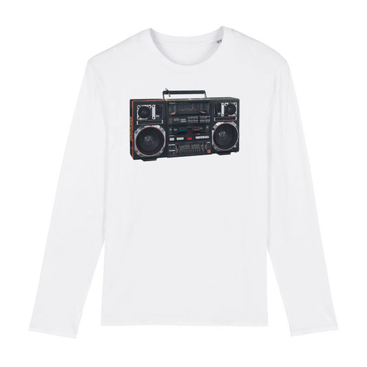 Un Promax Super Jumbo Boombox utilisé par Radio Raheem dans Spike Lee's Do the Right Thing, 1989 - T-shirt à manches longues en coton biologique