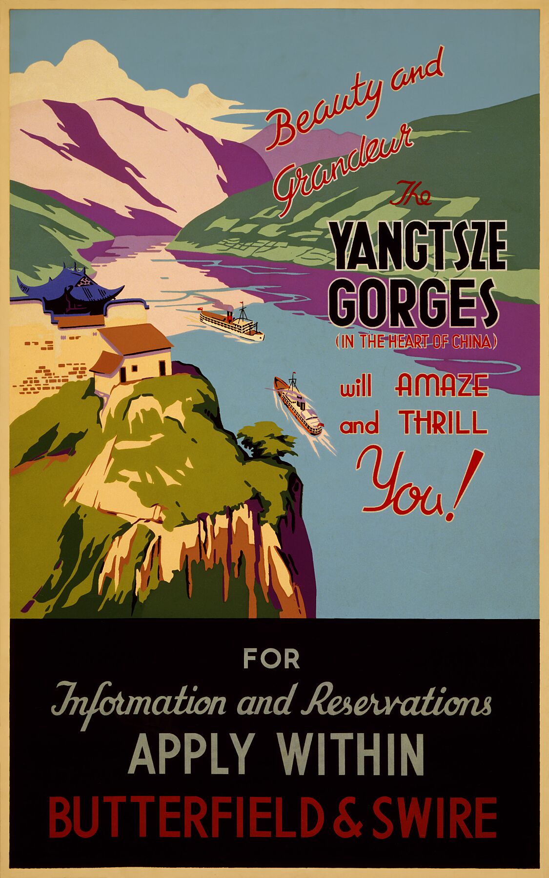 Beauty and grandeur, the Yangtze gorges, travel poster, ca. 1930