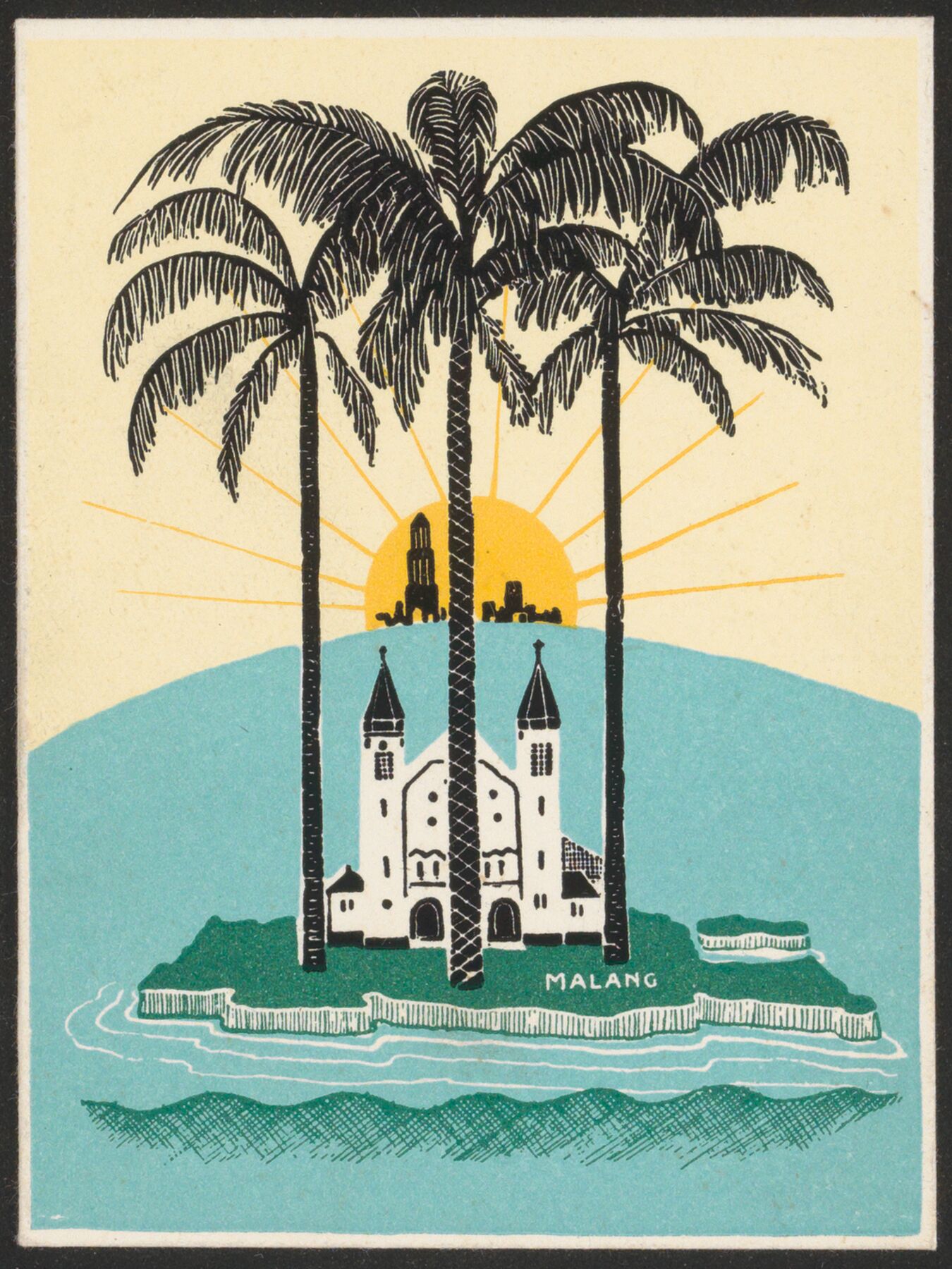 View of the island of Malang with a church under palm trees and a rising sun, anonymous, c. 1930 - c. 1949