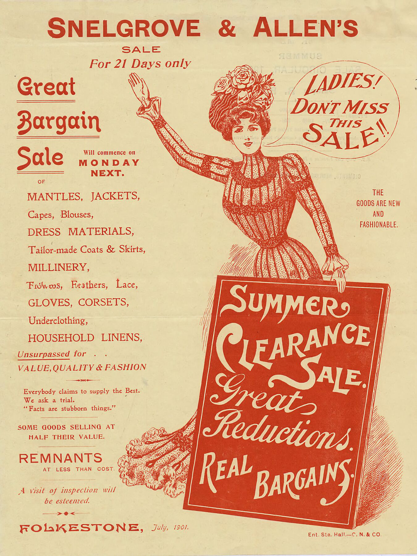 Advert for a clothing sale at Snelgrove and Allen, which lists the types of clothes on sale, 1901