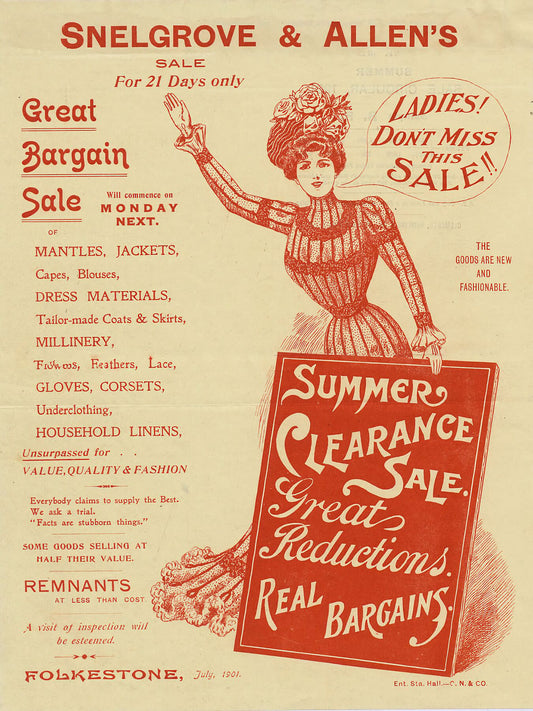 Advert for a clothing sale at Snelgrove and Allen, which lists the types of clothes on sale, 1901