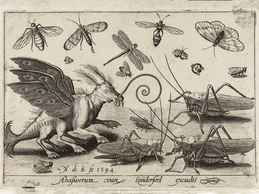 Grasshoppers and Fantasy Creature with Wings and Webbed Feet by Nicolaes de Bruyn - 1594
