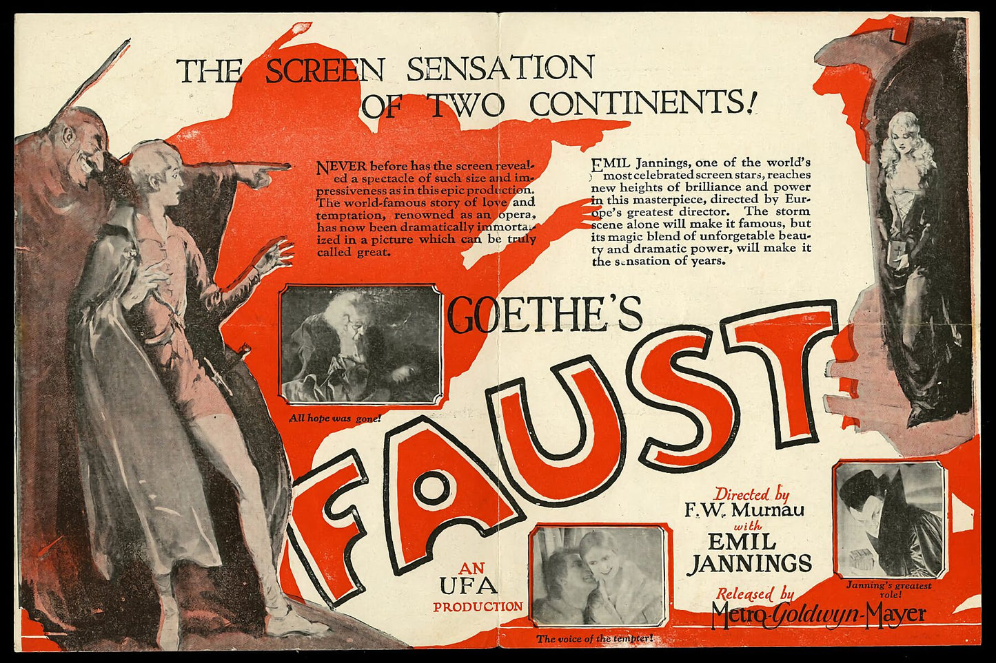 Faust – A German Folktale  produced by Ufa, directed by F. W. Murnau in 1926 starring Gösta Ekman as Faust, Emil Jannings as Mephisto