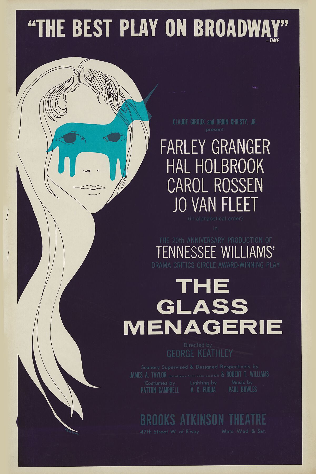 Poster for 'The Glass Menagerie' shows silhouette of a unicorn transposed on a woman's face. 1965