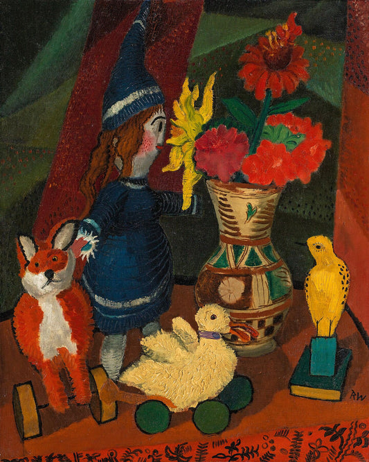Still life with flower jug and doll by Rudolf Wacker 1924