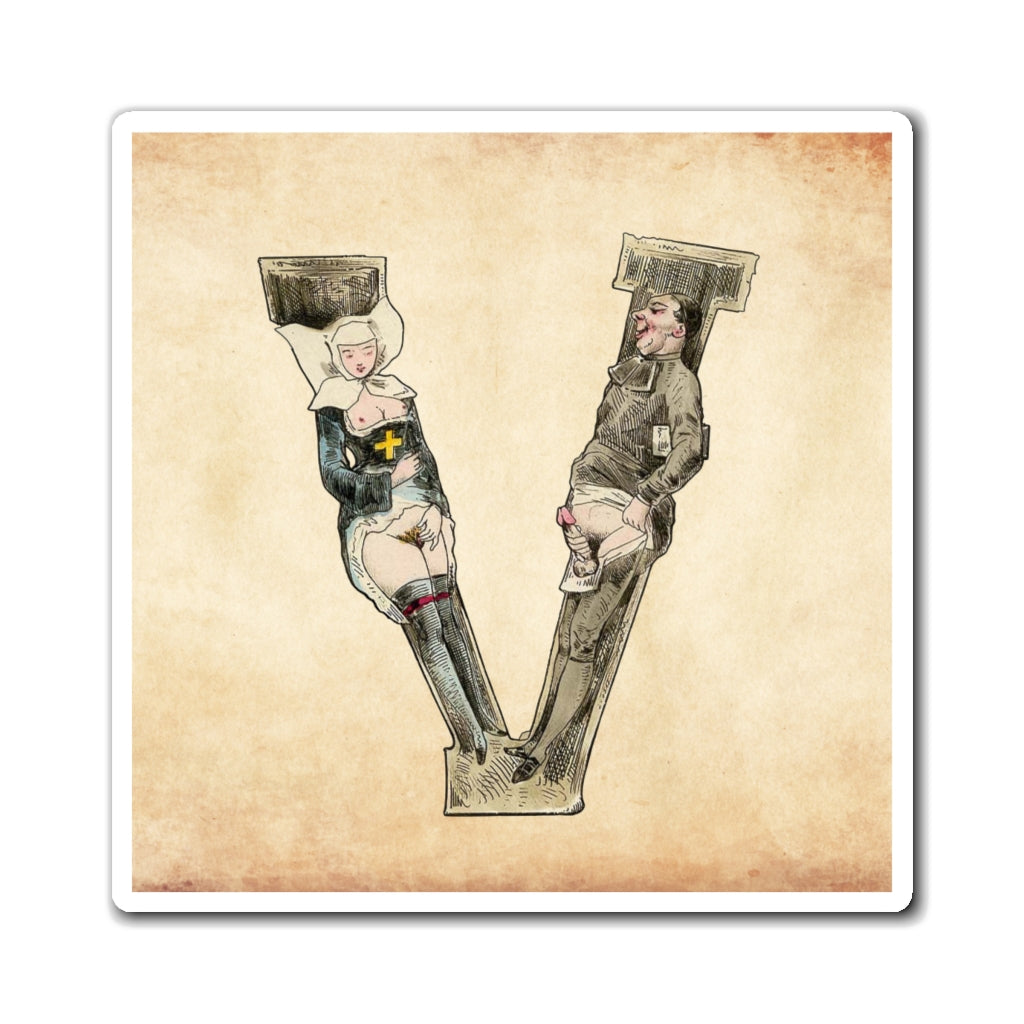 Magnet featuring the letter V from the Erotic Alphabet, 1880, by French artist Joseph Apoux (1846-1910).