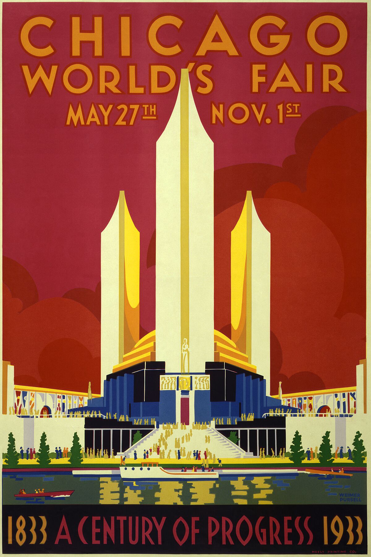 Poster for Century of Progress World's Fair showing exhibition buildings with boats on water in foreground. Date 1933 - Weimer Pursell, silkscreen print by Neely Printing