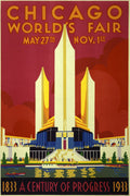 Poster for Century of Progress World's Fair showing exhibition buildings with boats on water in foreground. Date 1933 - Weimer Pursell, silkscreen print by Neely Printing
