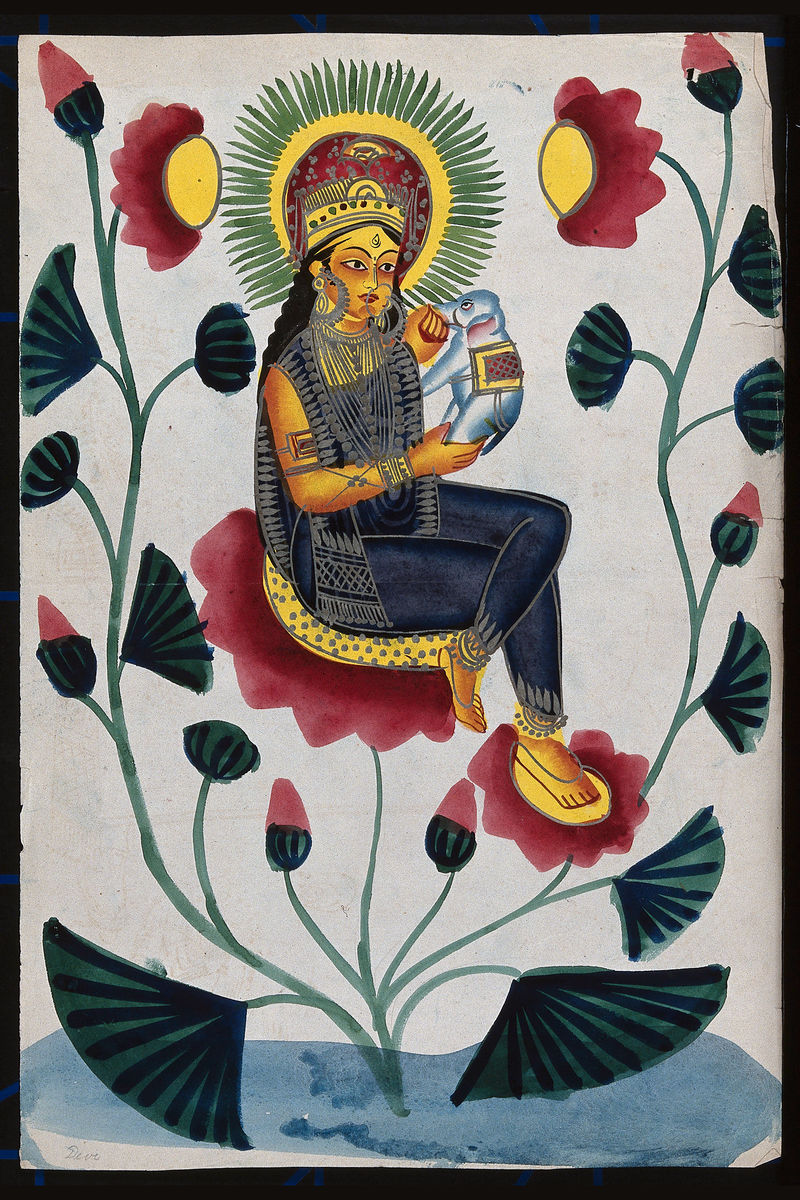 Diosa en una planta con flores sosteniendo un elefante bebé -siglo XIX 