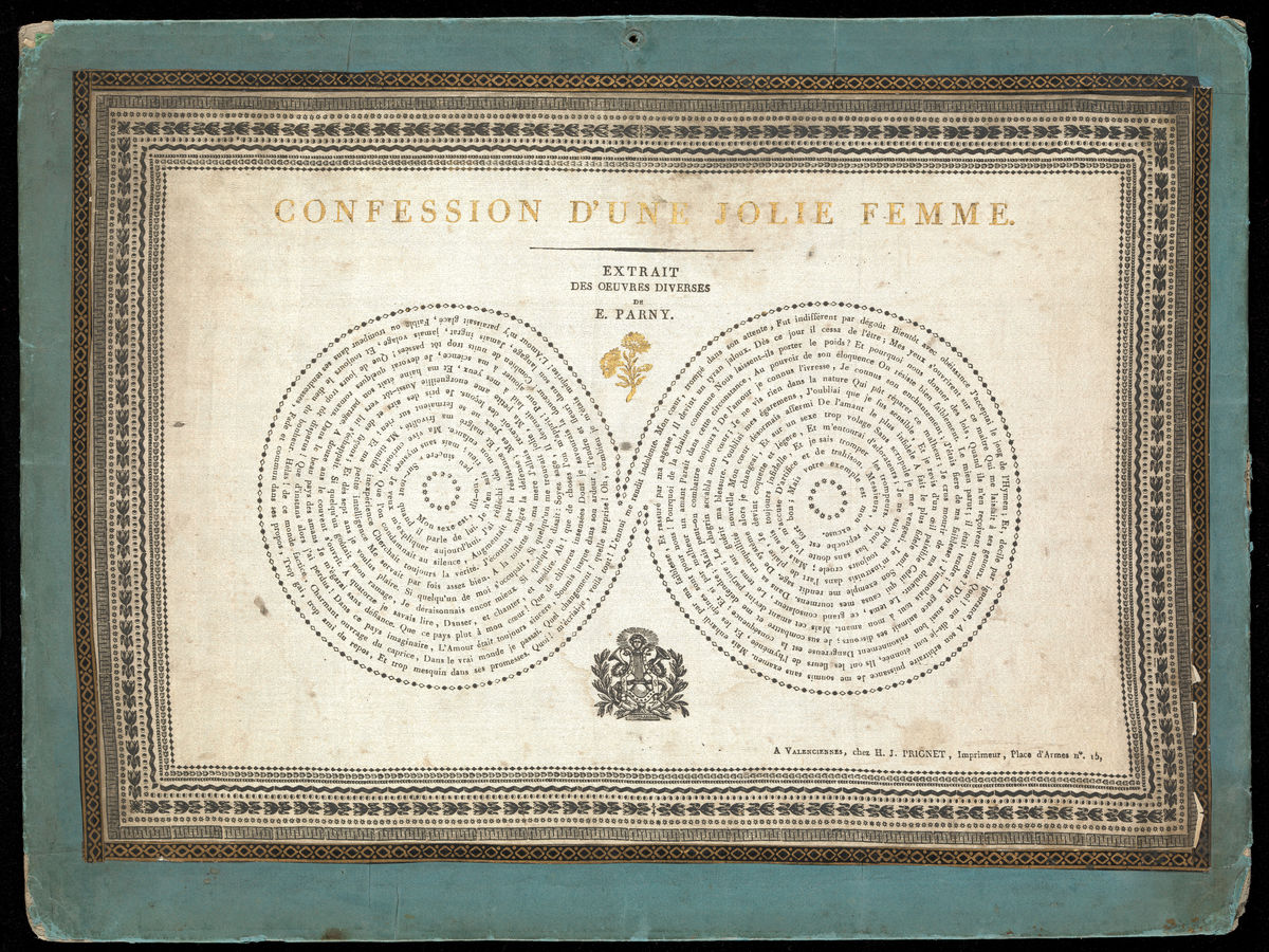 A silk handkerchief printed with a description of an erotic encounter with the words in the form of breasts - 1802