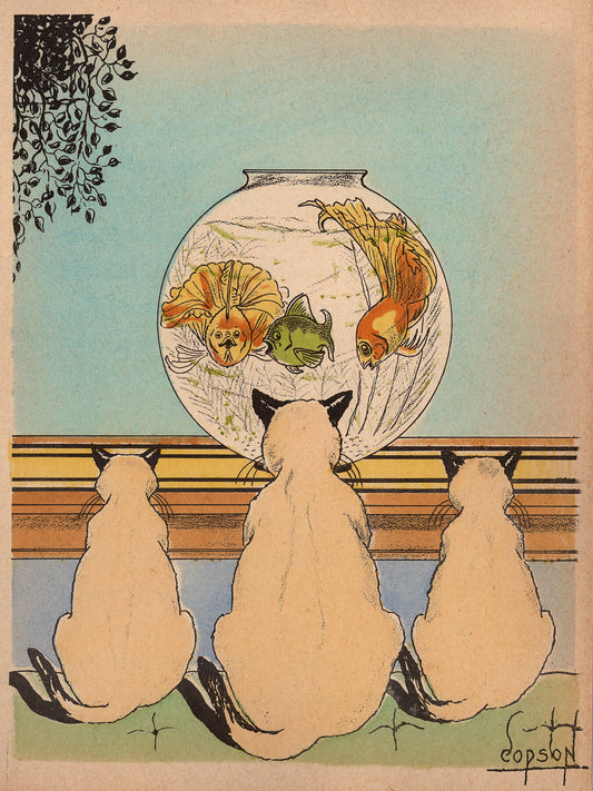 Three Cats Watching Fish in an Aquarium by Clyde A Copson - 1938. From <em>A day with Bum ; and, The smart little fish</em>&nbsp;by Wilson Morris (Author).