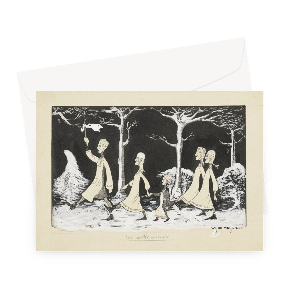 Henk, Anne, Hans, Noor and Elly Marching Through the Snow by Wybo Meijer, c. 1913  -Greeting Card