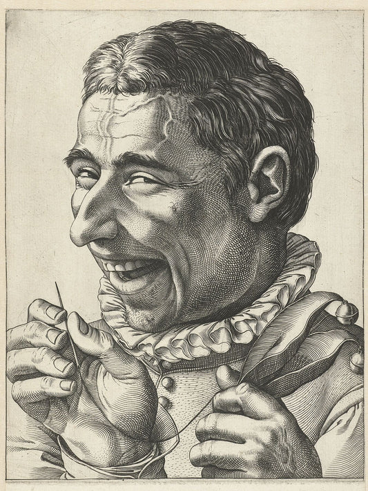 Laughing Jester with Needle and Thread, anonymous, after Hendrick Goltzius, 1590 - 1610