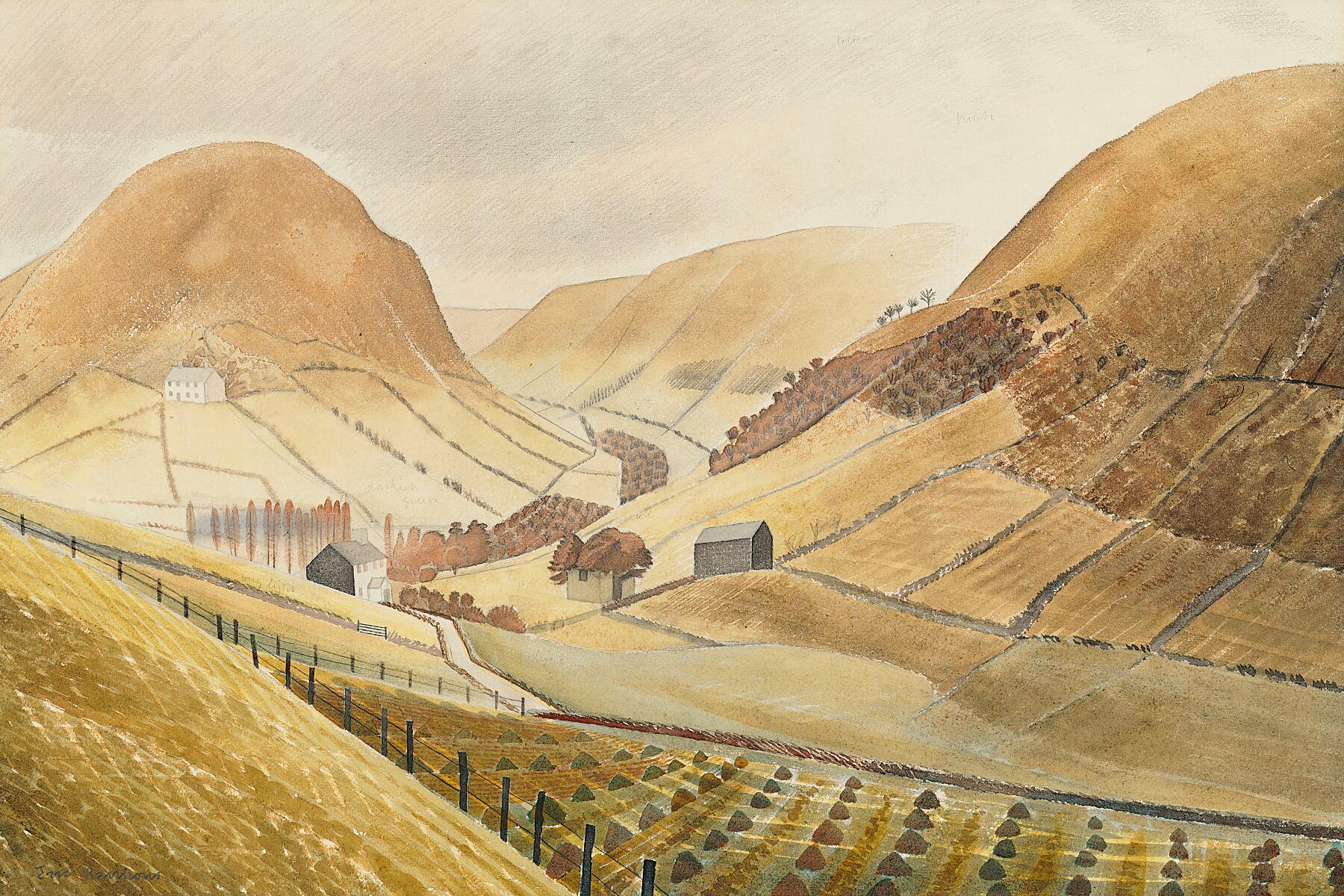 Eric Ravilious (1903-1942) : Corn Stooks and Farmsteads - Hill Farm, Capel-yffin, Wales 1939.
