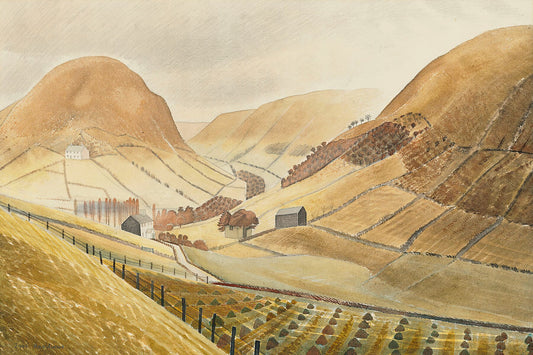 Eric Ravilious (1903-1942) : Corn Stooks and Farmsteads - Hill Farm, Capel-yffin, Wales 1939.