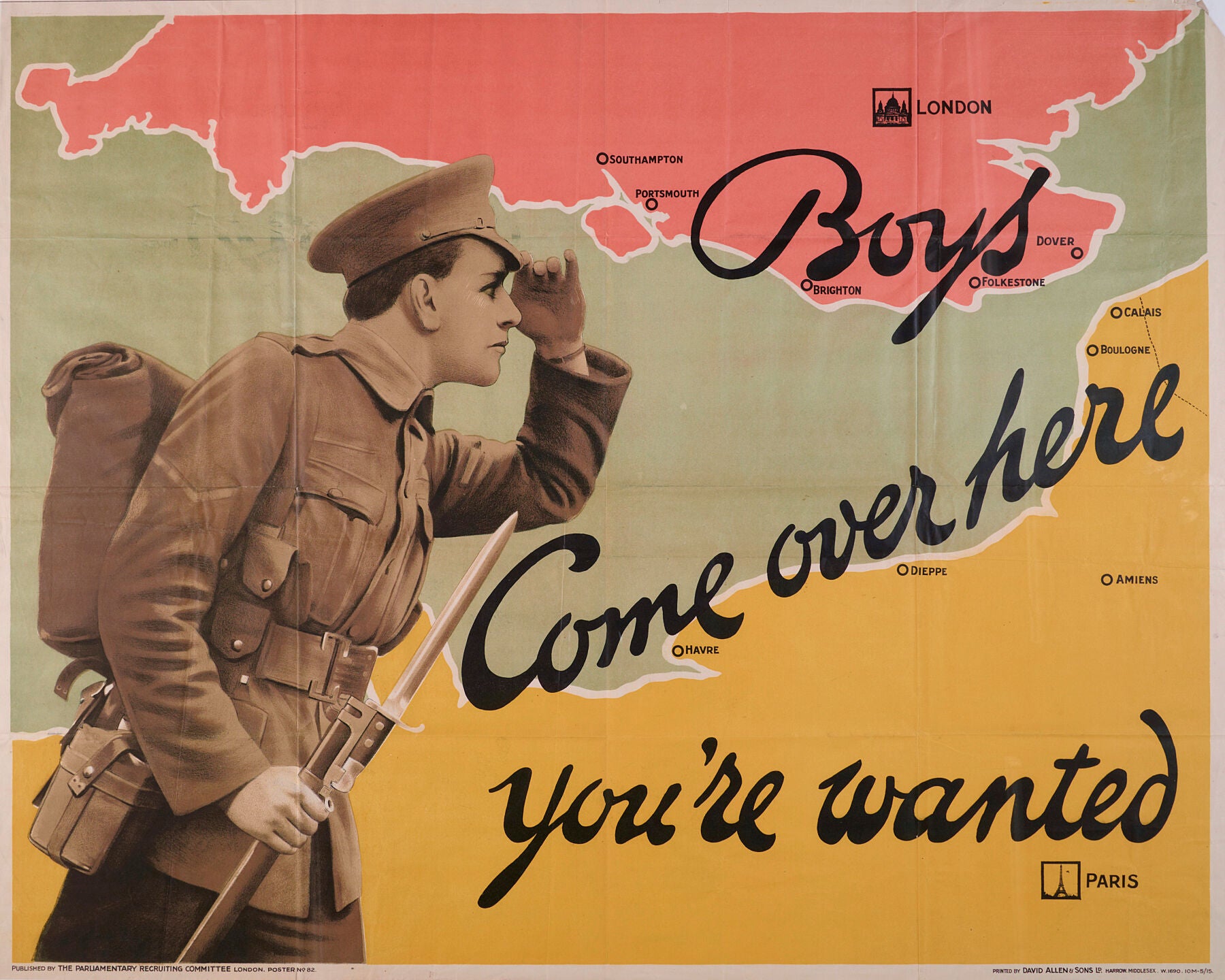 Poster, 'Boys Come Over Here' ProductionParliamentary Recruiting Committee; publisher; March 1915; United Kingdom