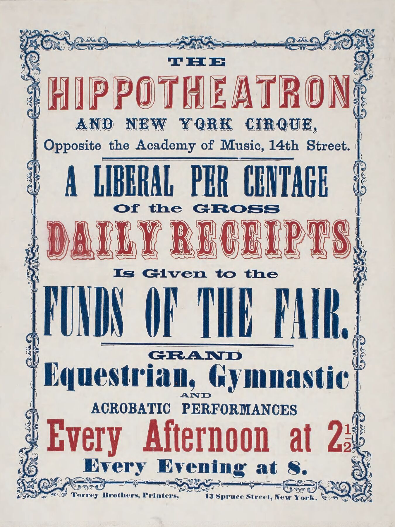 Poster for the Hippotheatron printed by Torrey Brothers, New York (1869)