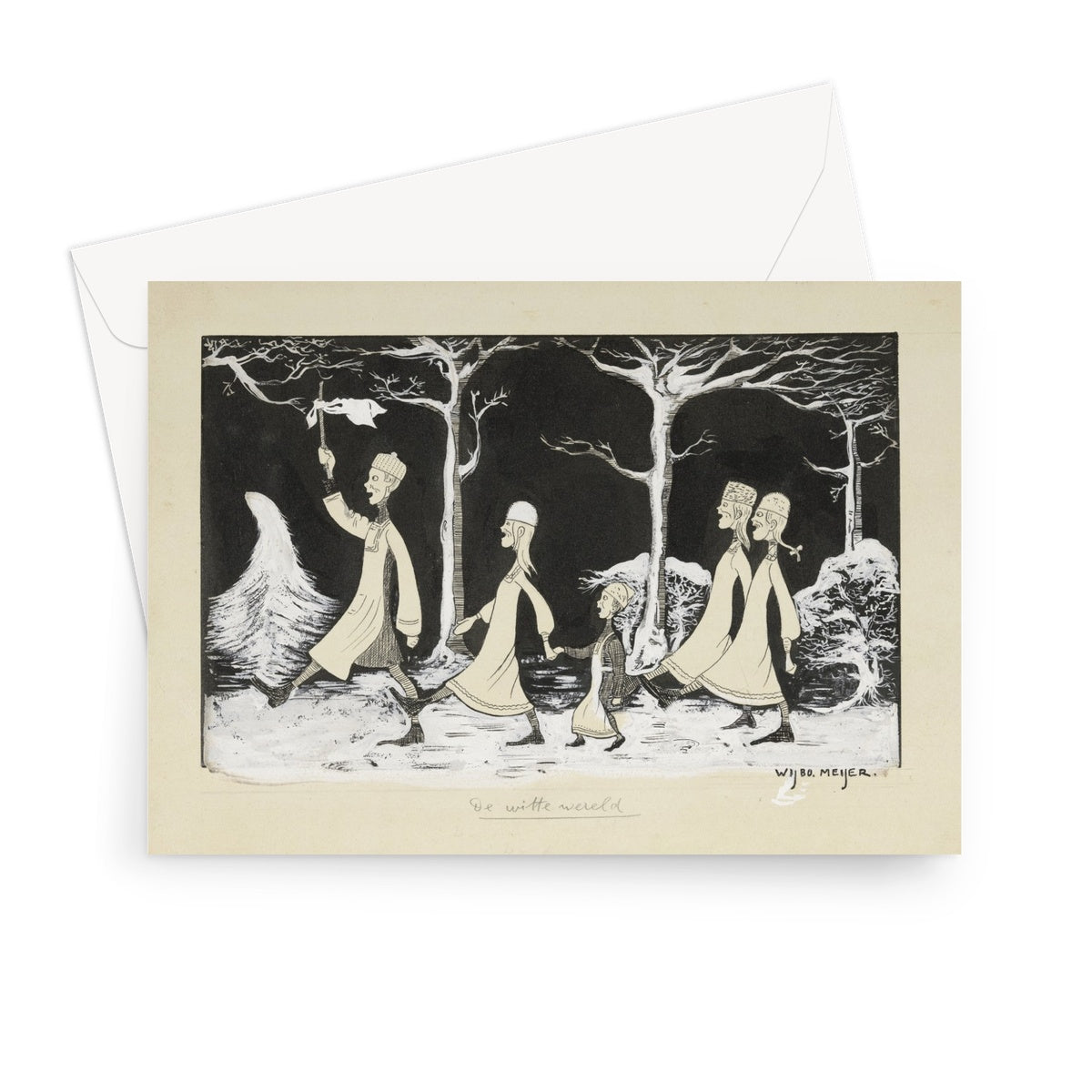 Henk, Anne, Hans, Noor y Elly marchando por la nieve de Wybo Meijer, c. 1913 -Tarjeta de felicitación