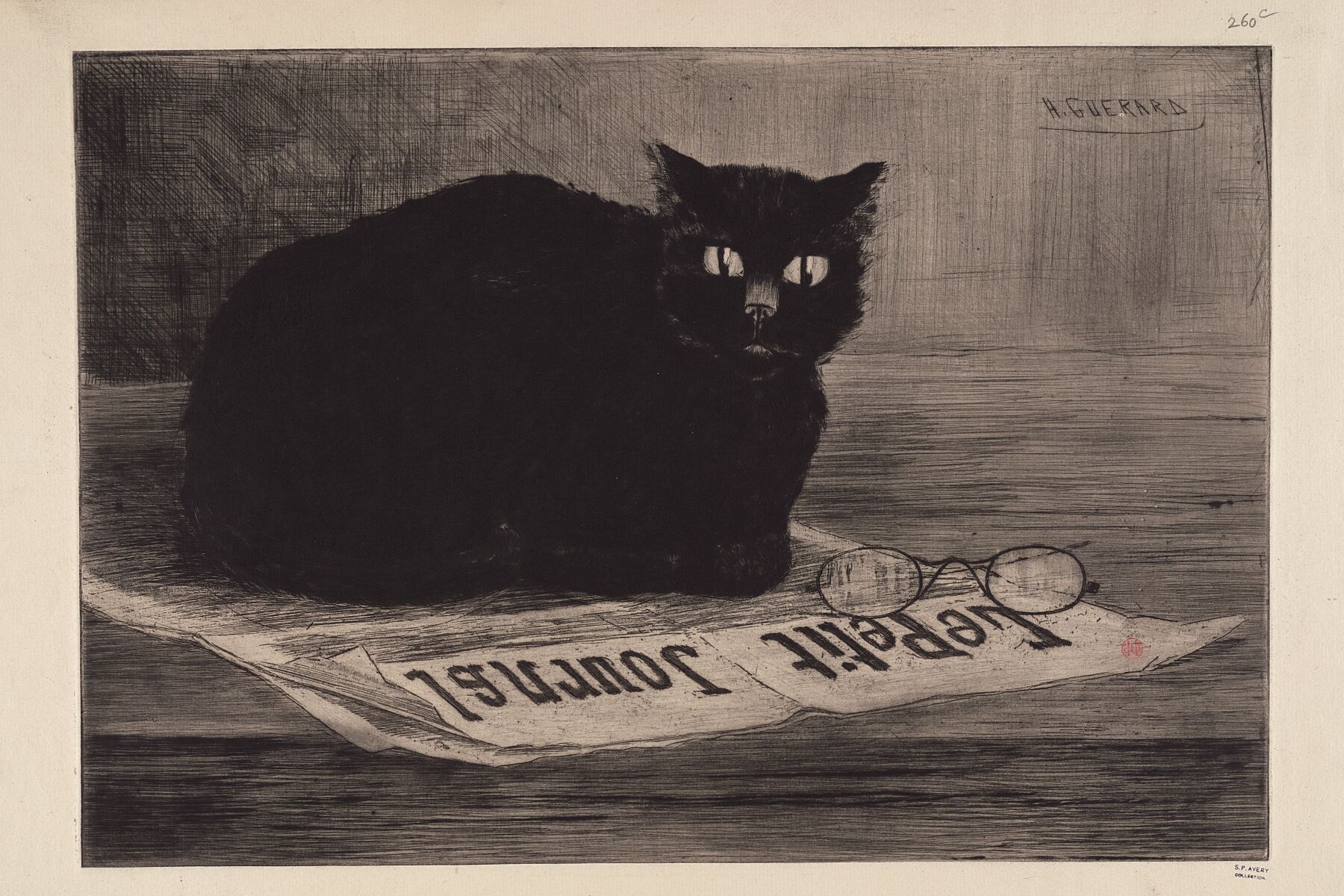 Chat Noir Sur un Journal by Henri-Charles Guérard - 1880