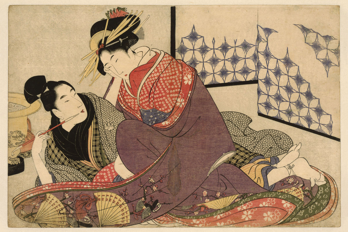 Jeune homme fumant avec une courtisane par Kitagawa Utamaro -1799