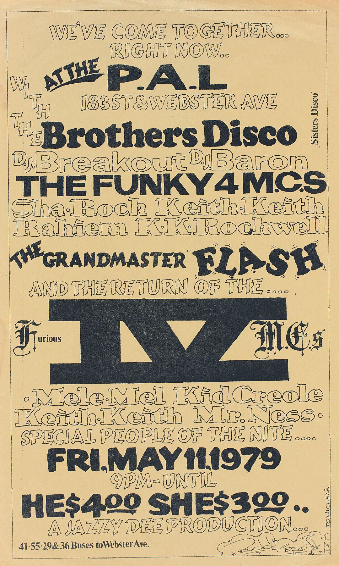 A flier advertising a rap battle at the P.A.L at 183 Street and Webster Avenue in the Bronx, New York City, on May 11, 1979, designed by Buddy Esquire (Lenoin Thompson III).