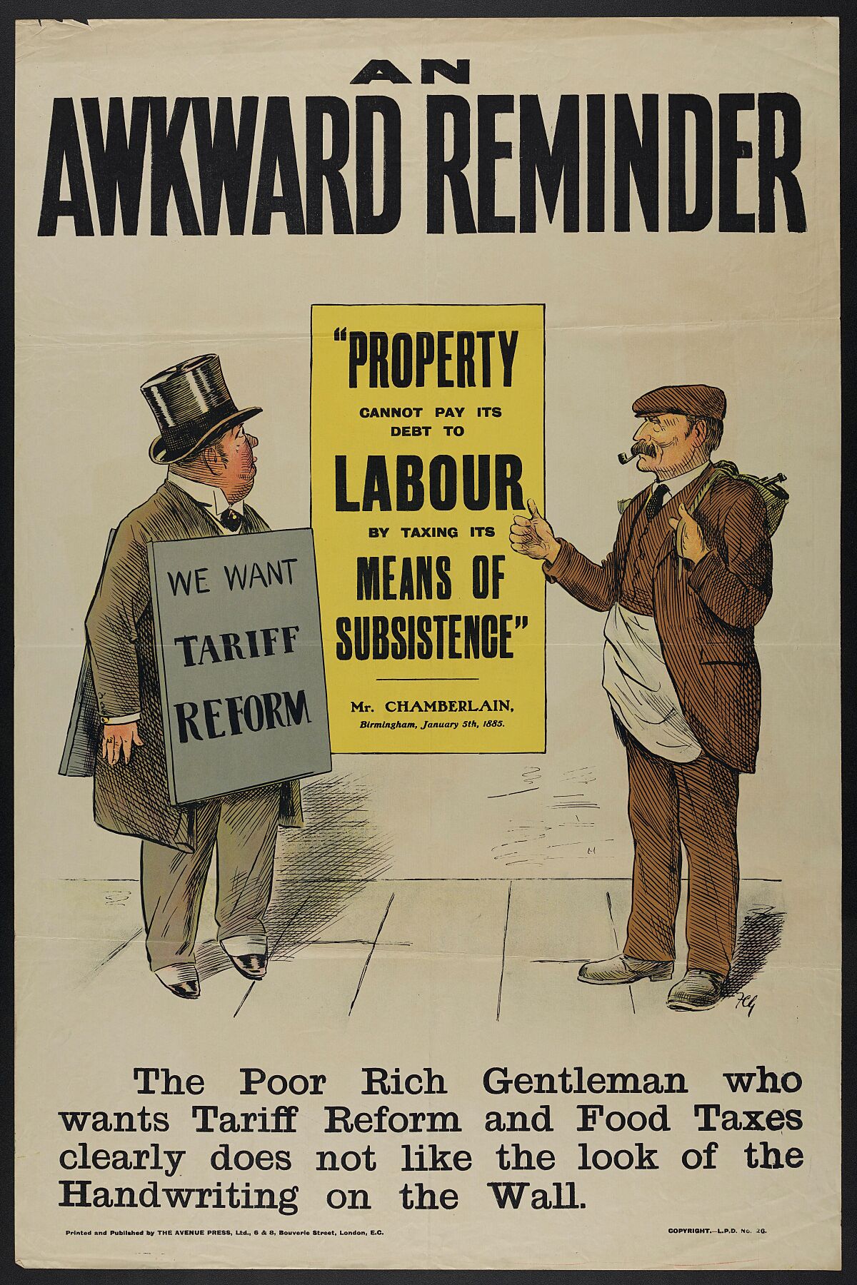 A rich man and a workman arguing about the budget introduced by the Liberal Government in the United Kingdom - ca. 1909.