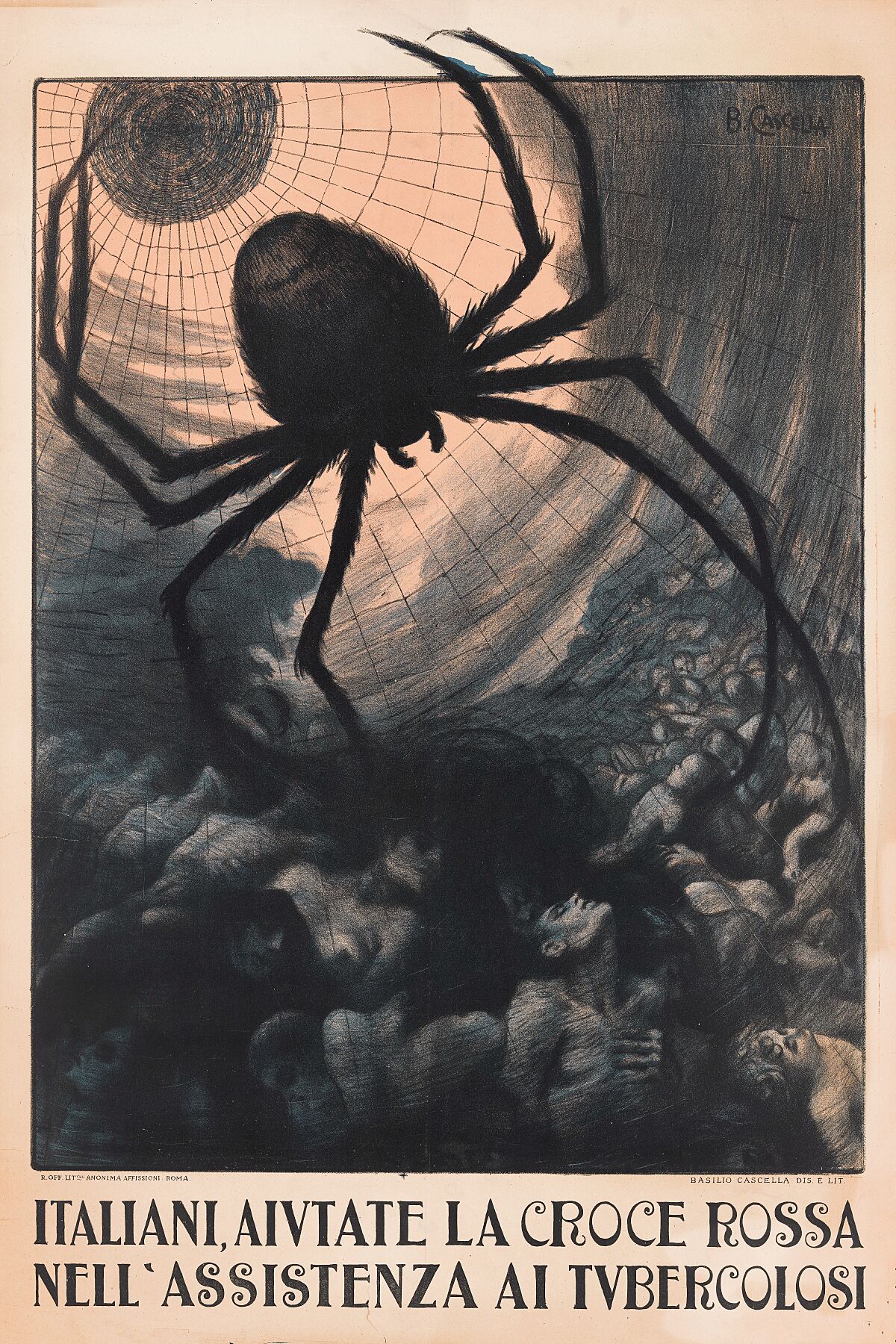 A giant spider catching crowds of humans in its web; representing tuberculosis. Colour lithograph by B. Cascella, ca. 1920.