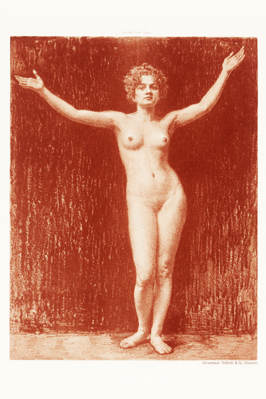 Desnudo femenino con las manos levantadas por anónimo, según Cornelia Paczka, c. 1894 - Postal