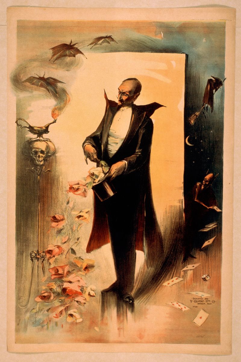 Magician pulling roses out of top hat surrounded by supernatural beings