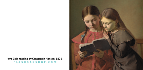 Two Girls Reading (detail) by Constantin Hansen, 1826 - Square Greeting Card