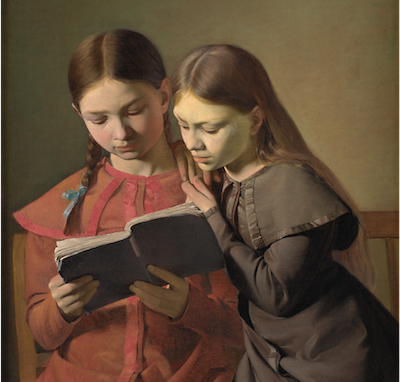Two Girls Reading (detail) by Constantin Hansen, 1826 - Square Greeting Card